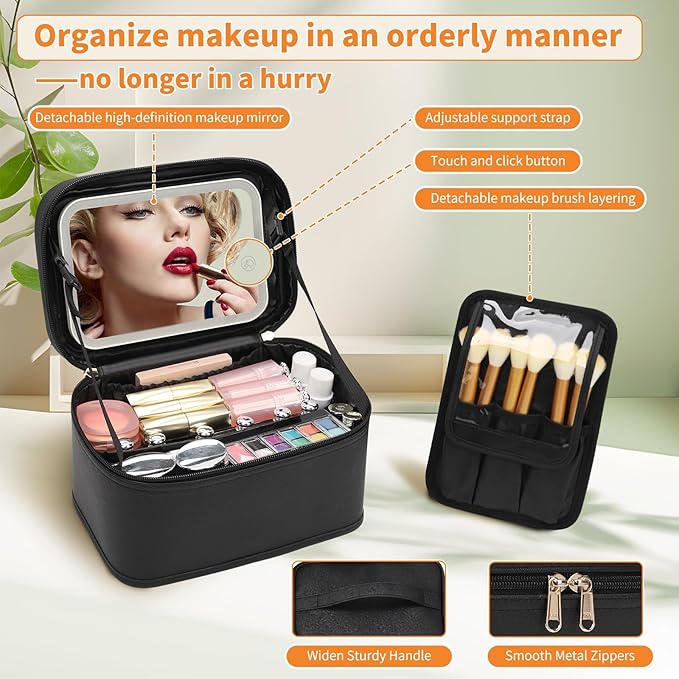 OCHEAL Makeup Bag With LED Mirror, Travel Makeup Bag With 3 Color Setting Light Up Mirror Cosmetic Makeup Organizer Vanity Case for Women Beauty Tools Accessories Rechargeable Makeup Travel Bag-Black