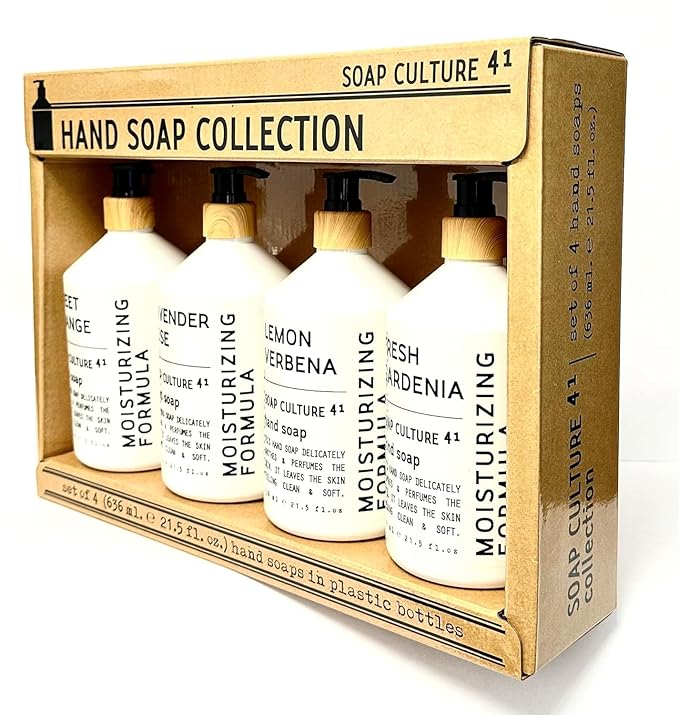 Soap Culture Hand Soap Collection, Gift Set of 4 x 21.5 oz bottles, Fresh Gardenia, Lemon Verbena, Lavender Rose, and Sweet Orange
