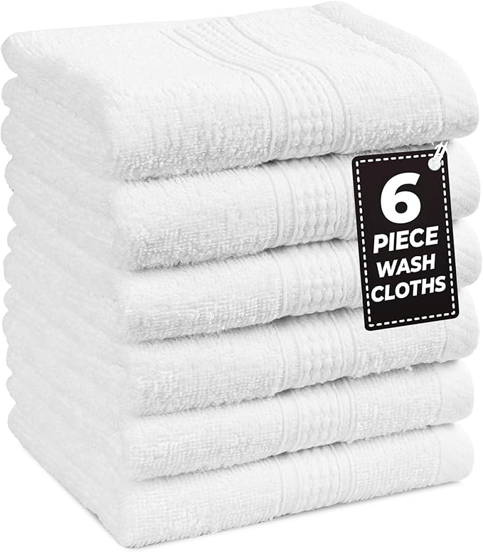 LANE LINEN 6 PC Wash Cloths Bathroom Set -100% Cotton Highly Absorbent Washcloths Bulk, Premium Spa & Hotel Quality Wash Clothes - White