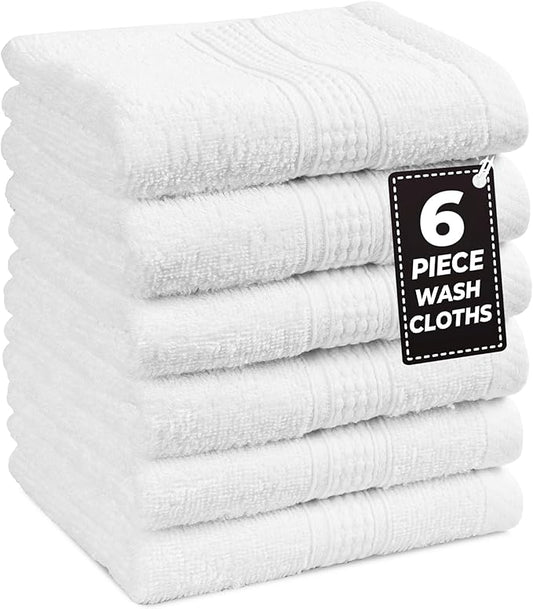 LANE LINEN 6 PC Wash Cloths Bathroom Set -100% Cotton Highly Absorbent Washcloths Bulk, Premium Spa & Hotel Quality Wash Clothes - White