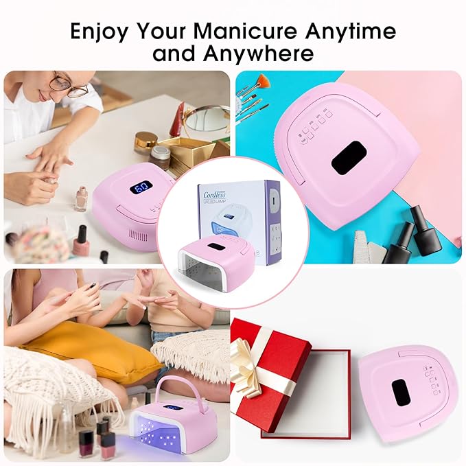 60W Rechargeable LED Nail Lamp, Cordless Gel Lamp with Portable Handle & 42pcs Lamp Beads, Automatic Sensor UV LED Nail Dryer, 4 Timers Professional UV Light for Gel Nails