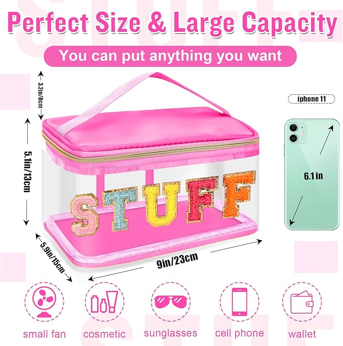 Chenille Letter Clear Makeup Bags Stuff Pouch, Preppy Patch Makeup Bag Zipper with Handle, Transparent PVC & Nylon Waterproof Glitter Cosmetic Handbag Travel Toiletry Storage for Women(STUFF-Rose)