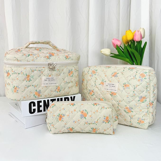 3Pcs Cotton Quilted Makeup Bag for Women Girls, Large Floral Cosmetic Bag Set Cute Makeup Brushes Aesthetic Accessories Storage Bag Yellow Daylily Flower Travel Toiletry Bag Organizer
