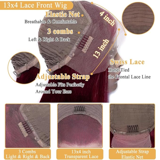 99j Burgundy Lace Front Wigs Human Hair 13x4 HD Frontal Lace Red Straight Wig Pre Plucked Bleached Knots with Baby Hair 150% Density Brazilian Virgin Glueless Wigs for Women Burgundy Lace Front 22inch