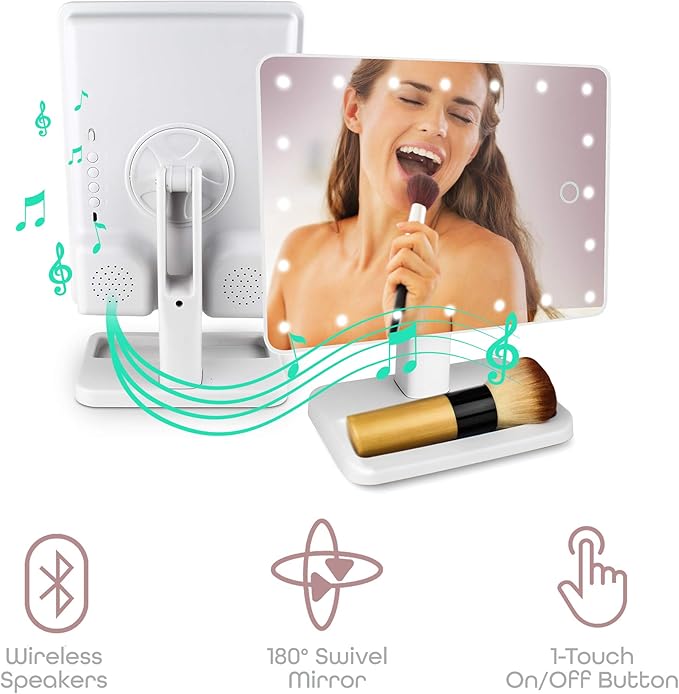 Aduro Vanity Mirror Makeup Mirror With Lights And Wireless Speaker, U-Reflect Beauty LED Wireless Swivel Smart Home Audio Mirror With Tray (White)