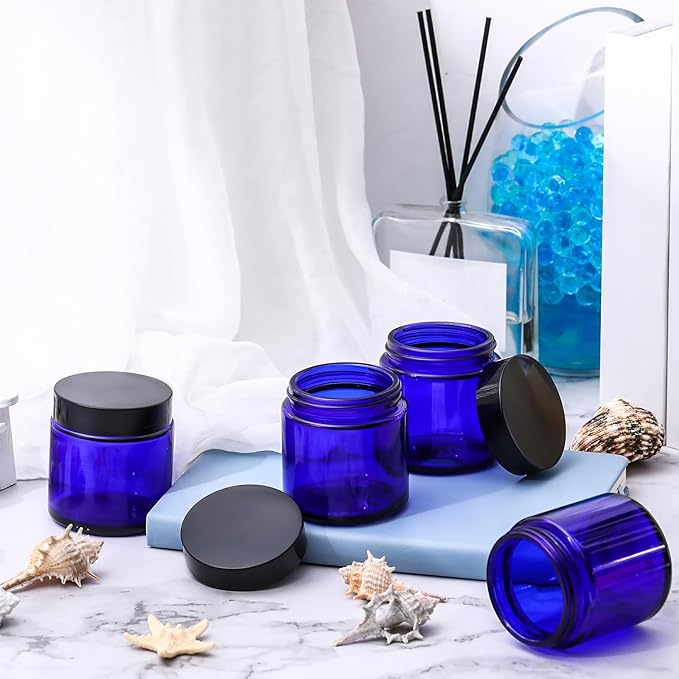 Norme 64 Pcs 4 oz Glass Jars with Lids Leakproof Round Airtight Empty Cosmetic Jars with Inner Liners Lid for Storing Lotions Powder Ointments Candle Making (Blue,Black)