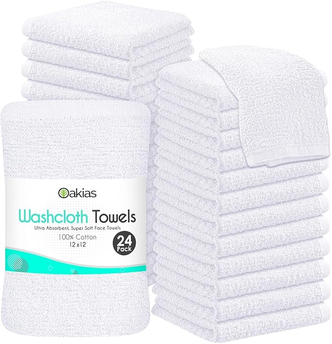 Oakias 100% Cotton Wash Cloths 24 Pack White - 12 x 12 Inches Ring Spun Cotton Facial Towels - Highly Absorbent Quick Dry Spa Towels - Bulk Washcloths Ideal for Scrubbing and Cleaning