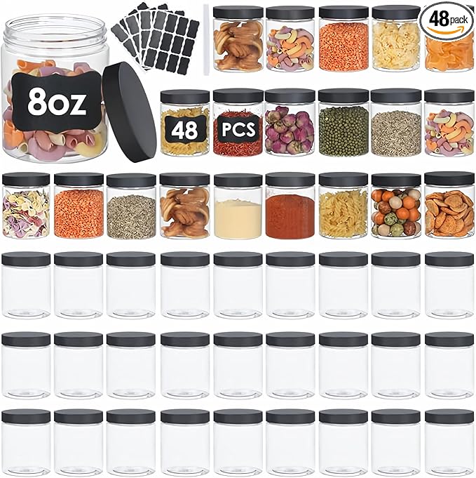 48pcs 8 oz Plastic Containers with Lids Pen Labels Leak Proof BPA Free Airtight Refillable Clear Small Containers Storage Jars for Storing Dry Food Makeup Slime Honey Jam