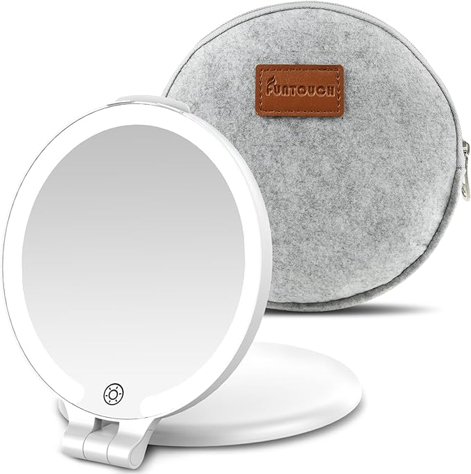 FUNTOUC Magnifying Mirror with Light, 1X/10X Double Sided Magnification Makeup Vanity Mirror with 3 Color Setting, Chargeable Foldable Portable Travel Essential Vanity Mirror with Bag