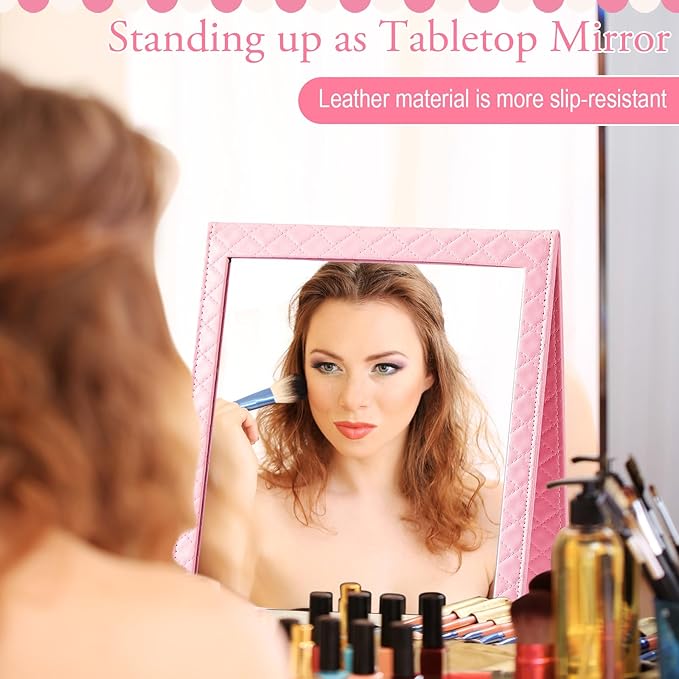 Foldable Backstage Mirror with Handle 24.61x 11.22 Inch Leather Folding Hanging Mirror Rectangular for Travel Dance Bag Home Fitness Spa Gift for Dancers(Pink)