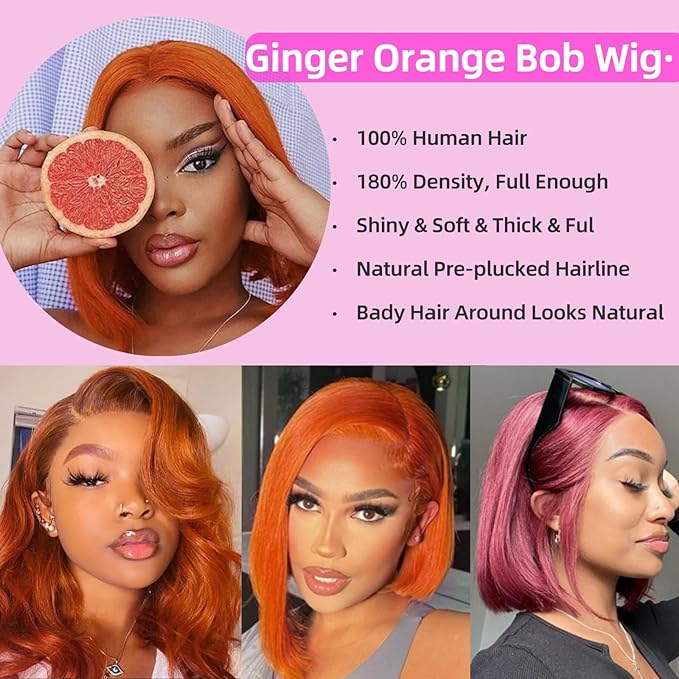 10 Inch Ginger Orange Bob Lace Front Wigs Human Hair for Women 13x4 HD Transparent Lace Frontal Wigs Pre Plucked with Baby Hair Glueless Wigs Human Hair 180% Density 350# Colored Straight Bob Wig
