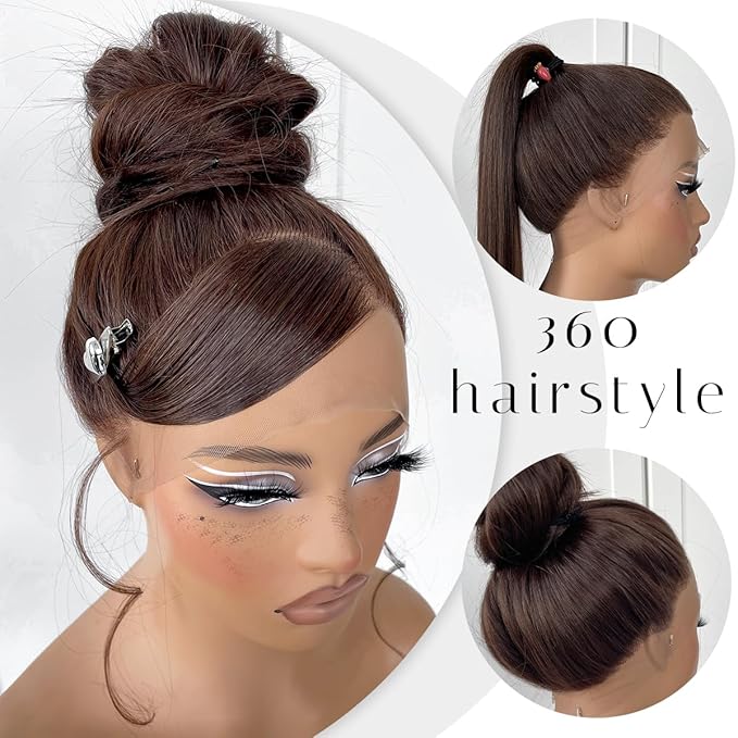 360 Chocolate Brown Glueless Wig Synthetic HD Lace Front Wig Pre plucked Synthetic Long body wave lace front wig Wear and Go HD Lace Front Wig