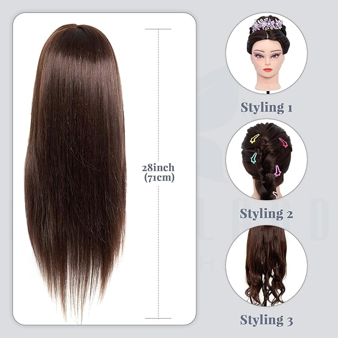 28 Inch Mannequin Head 60% Real Hair with Tripod Stand,Make up Cosmetology Manikin Practice Doll Head with Hair,Braiding Hairdressing Head for Hair Styling with Table Clamp + DIY Hair Styling Set #4