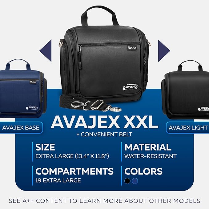 AvaJex Extra Large Hanging Travel Toiletry Bag for Men and Women - Cosmetic Travel Bag With Shoulder Strap - Waterproof Hygiene Bag with Metal Xxl Swivel Hook and 19 Compartments for Toiletries