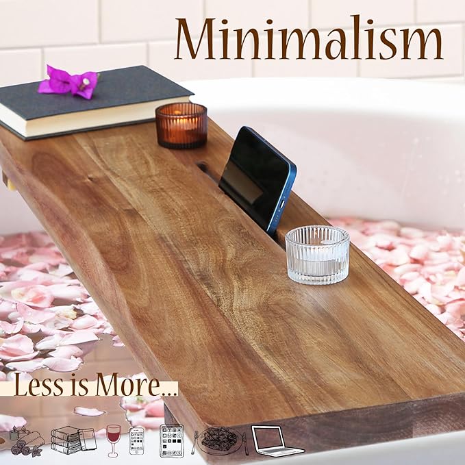 Premium Acacia Wood Bathtub Tray Caddy with Adjustable Legs, Minimalistic Design Bath Tray for Tub, Bathtub Accessories, Fit Standard and Against Wall Bath Tubs, Gift Idea for Women