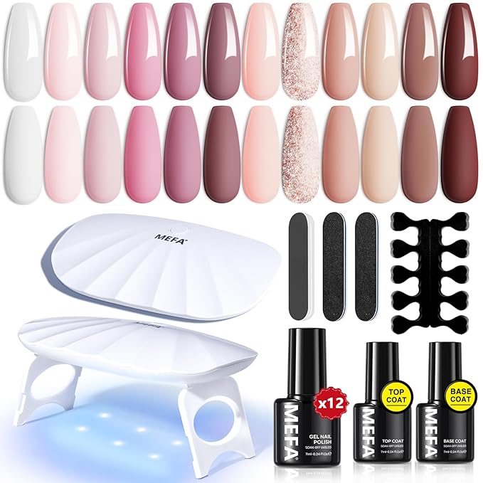 MEFA 19 Pcs Gel Nail Polish Kit with U V Light, 12 Colors All Seasons Nude Milky White Soak Off Gel Polish Nail Set with Base Top Coat Essential Manicure Tools Beginners Salon Nails DIY Art