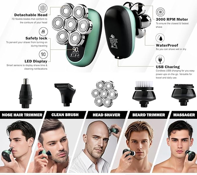 7D Head Shavers for Bald Men - Toncoke Detachable Electric Razor Grooming Kit with Nose Hair Trimmer, IPX6 Waterproof Wet Dry Use LED Display USB-C Rechargeable 6-in-1 Rotary Shaver for Smooth Shaving