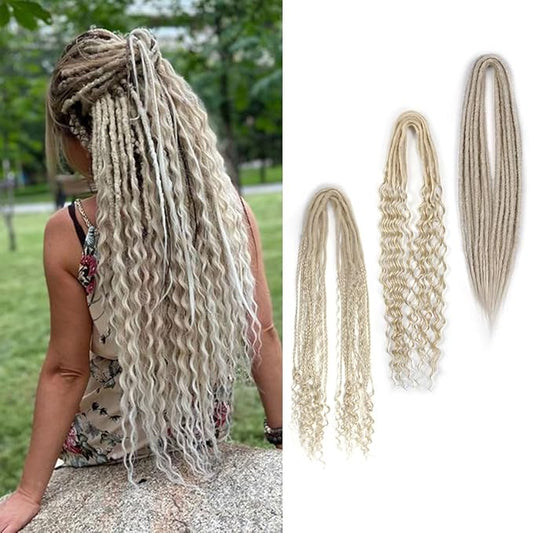 24 Inch Double Ended Dreadlock Extensions Sets, 20 Strands 3 In 1 Mixed Synthetic Dreads Extensions, 613 Blonde Straight&Curly&Boho Handmade Dreads Hippie Style Dreadlocks for Woman