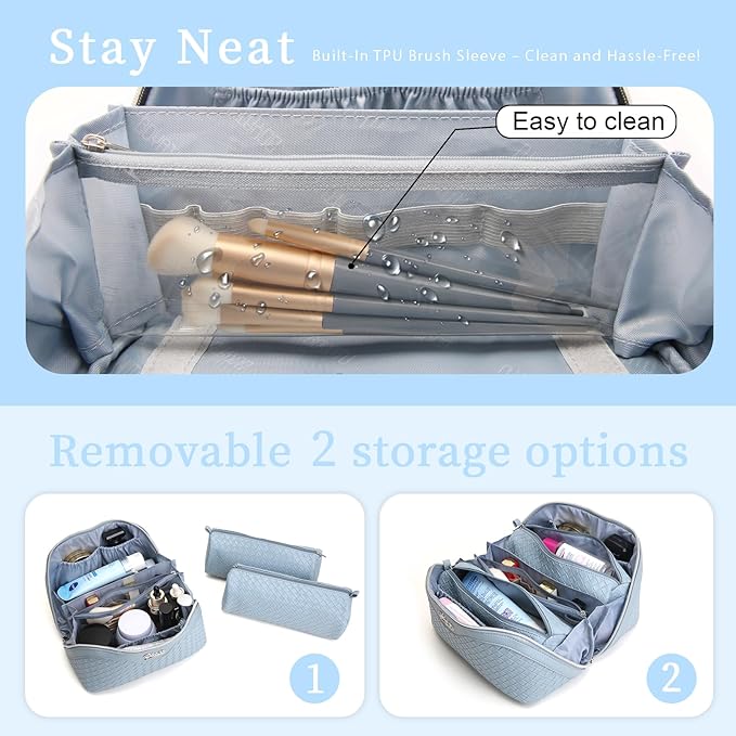 BOYATU Travel Makeup Bags for Women: Large Makeup Organizer - PU Leather Make up Bag Set of 3 - Portable Toiletry Bag with Compartments & Handle & Divider (L02 Light Blue)