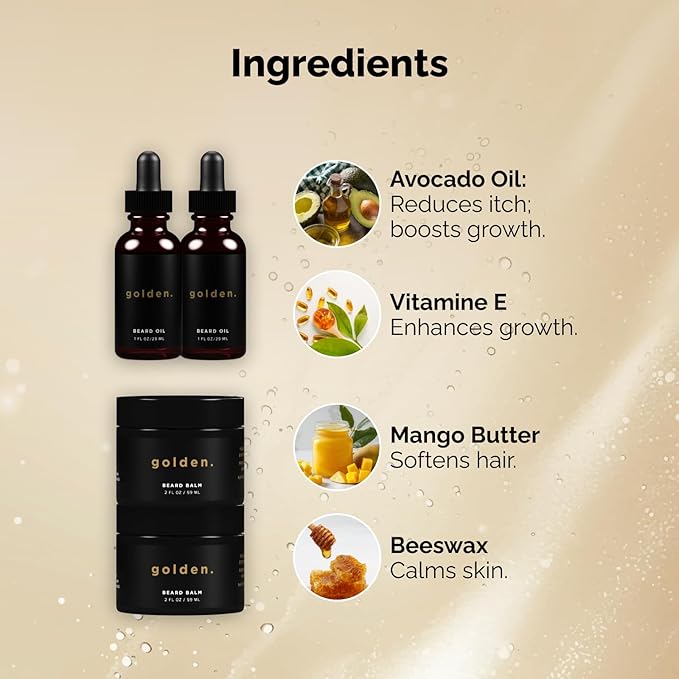 Golden Grooming Beard Oil & Balm Bundle for Men | Natural Growth Kit with Shea Butter | 2-Sets of 2oz Balm & 1oz Oil | Fresh Scent