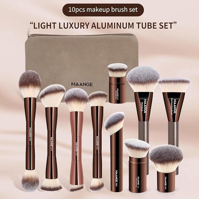 MAANGE Makeup Brush Set 10 Pcs Makeup Brushes with Zipper Bag, Double-End Multi-functional Make Up Brushes for Blending Liquid Powder Concealer Cream Blush Buffe,CoffeeBrown
