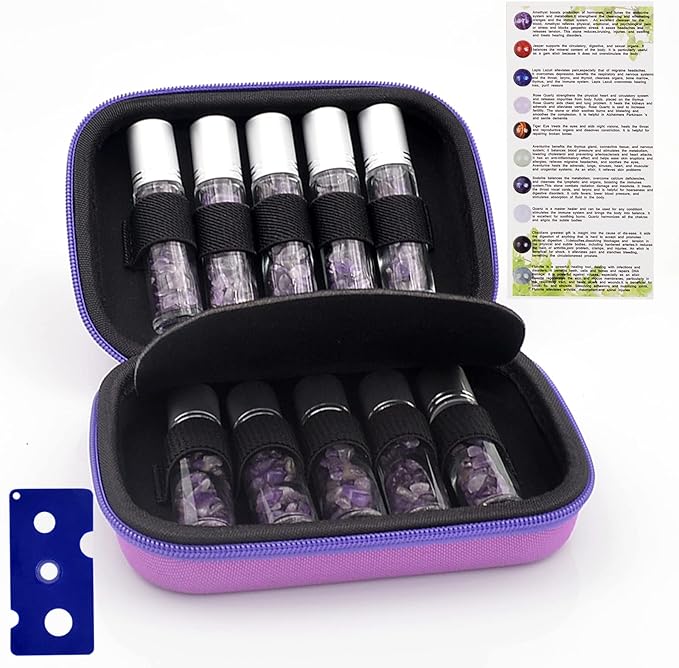 Essential Oil Roller Bottle 10ml w EVA Carrying Travel Case（Clear Glass Bottle with silver Cap、10pack、Gemstone Roller Balls、Healing Crystal Chips Inside、Opener)Gemstone Roller Ball Bottles