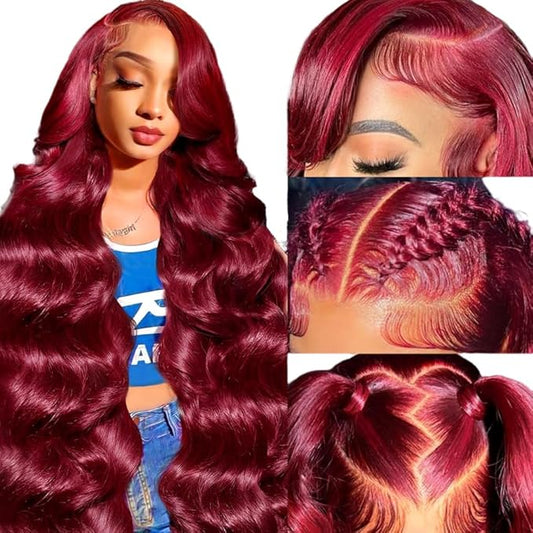 99j Burgundy Lace Front Wigs Human Hair 200% Density 13x6 Body Wave Lace Front Wigs Human Hair Pre Plucked Glueless Red Wig Wine Red Lace Front Wigs Human Hair Wigs for Women 13x6 Frontal Wig 32 Inch