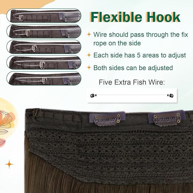 Easyouth Wire Hair Extensions Human Hair Balayage Dark Brown Ombre Chestnut Brown with Ash Blonde Hair Extensions Secret Wire Hairpiece Human Hair with Adjustable Clips 14 inch 70g