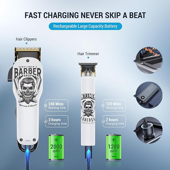 BESTBOMG Hair Clippers & Trimmer Ceramic T-Blade Cordless Haircut Sets Rechargeable 2000mAh/1200mAh with 10 Guide Combs & for Men/Father/Husband/Boyfriend