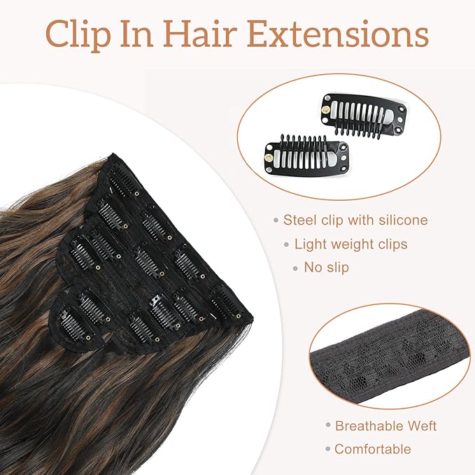 Clip In Synthetic Hair Extensions 6PCS 20 Inch Wavy Long highlights Brown Hair Extensions Thick Clip Ins Hairpieces Double Weft Full Head For Women Extension(230G,Auburn Chestnut)