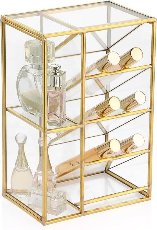 ELLDOO Rollerball Perfume Organizer, 6 Compartment Clear Glass Perfume Storage Holder Vintage Beauty Scent Holder, Metal Makeup Lipgloss Lipstick Display Case