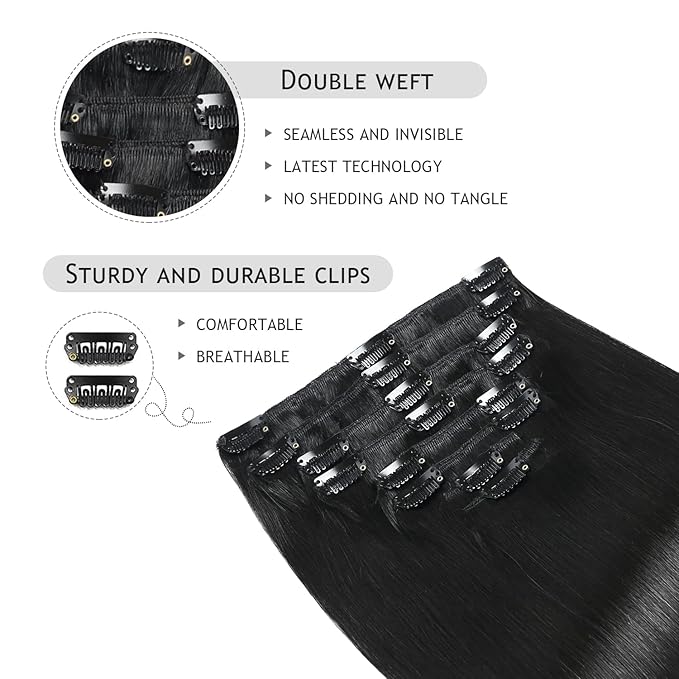 YILITE Clip in Hair Extensions Real Human Hair 8Pcs/Pack 120g Jet Black Straight Thick Invisible Remy Natural Hair Double Weft Clip Extensions for Women (20inches #1 Jet Black)