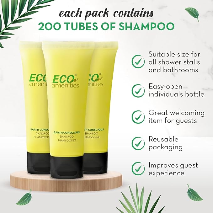 ECO amenities Travel Size Shampoo Bulk - 200 PACK, 30mL, 1 oz Hotel Shampoo Supplies for Guests - Green Tea Scent Eco Shampoo, Mini Shampoo with Flip Cap and Biodegradable Clear Container