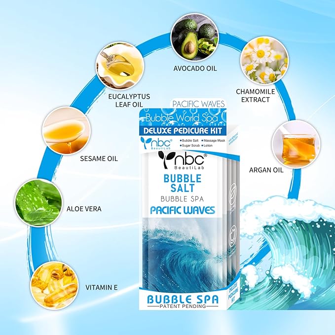 Pedicure Kit Foot Soak Set: Bubble Salt, Sugar Scrub, Massage Mask, Massage Lotion in a Box, 4 Step Foot Spa Kit for Dry Feet, Softens Calluses(1 Set Pacific Waves)