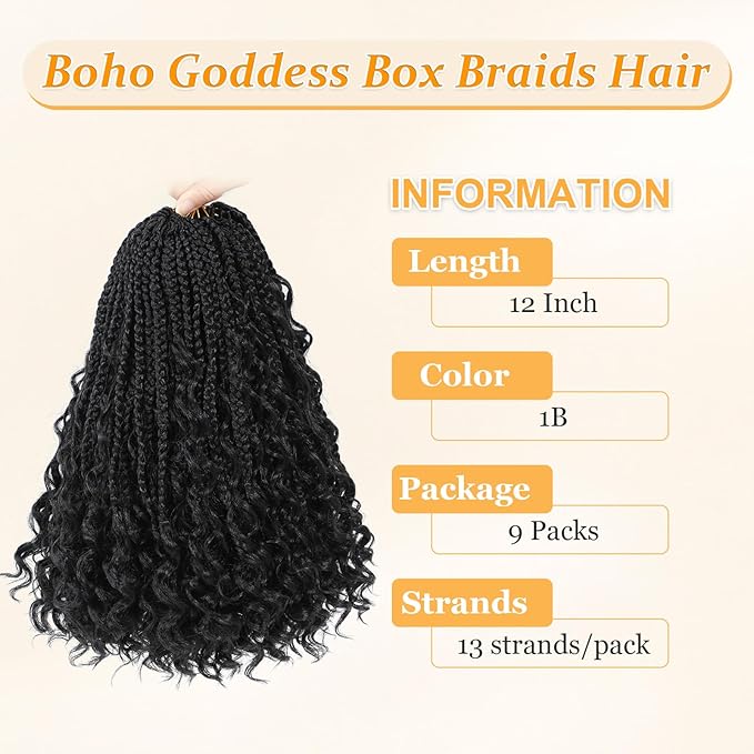 9 Packs Goddess Box Braids Crochet Hair Boho Crochet Box Braids With Curly Ends Crochet Hair For Black Women, 12 Inch Pre Looped Bohemian Crochet Box Braids Hair (12Inch 9 Packs,1B)