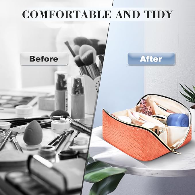 Travel Makeup Bag: Large Capacity Cosmetic Bag for Women, Portable PU Leather Waterproof Stuff Bag With Handle and Divider Flat Lay Makeup Pouch Toiletry Bag Birthday Gift for Women - Orange