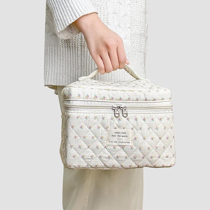 3Pcs Cotton Quilted Makeup Bag for Women Girls, Large Floral Cosmetic Bag Set Cute Makeup Brushes Aesthetic Accessories Storage Bag Little Flower Travel Toiletry Bag Organizer