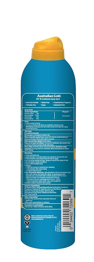 Australian Gold Extreme Continuous Spray Sunscreen SPF 30, Broad Spectrum, Sweat and Water Resistant, Non-Greasy, Sport-New, Coastal Breeze, 6 Ounce 5.6 Ounce (Pack of 1) SPF 30 - Spray