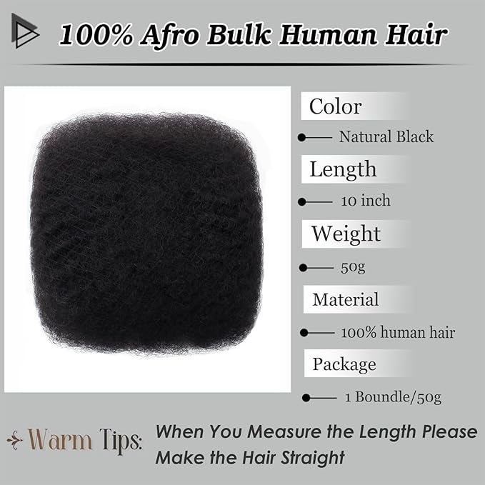 Afro Kinkys Bulk Human Hair 10 Inch 50g Nature Black Afro Kinky Curly Human Hair Bulk for Dreadlock Extensions, Micro Locs, Braiding Twists, Braids and Repair Locs(10 Inch, 1b#)