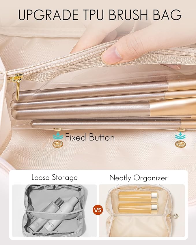 Vlando Makeup Bag,Travel Makeup Bag Christmas Gifts for Women Travelers Open Flat Make up Organizer,Gift Ideas for Girls,Sister(Cream White)