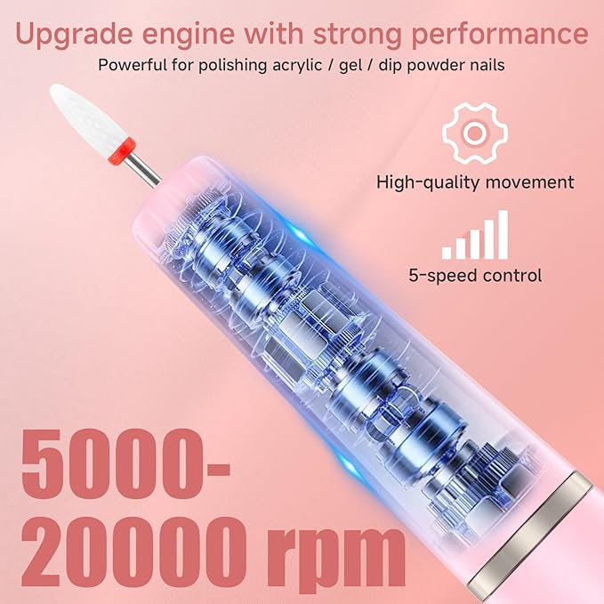 Professional Nail Drill Kit；Rechargeable Electric Nail Filer for Acrylic Nail File，Cordless Nail File Electric for Beginners and Professionals Manicure and Pedicure Set with Rechargeable，Pink