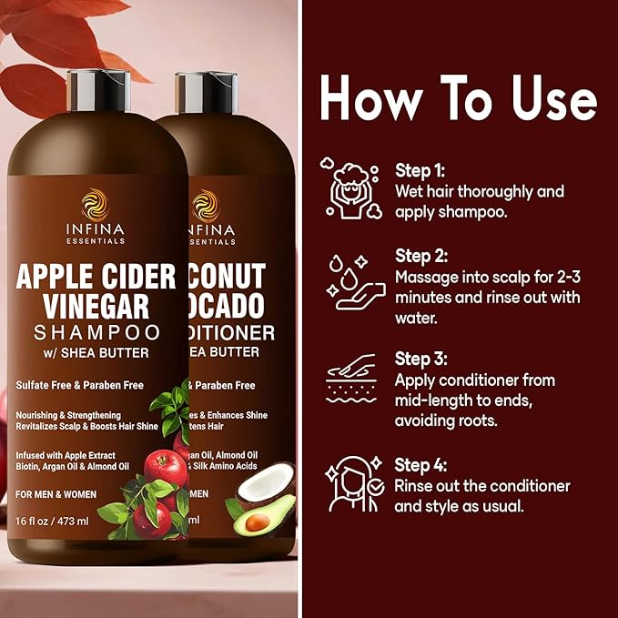 Apple Cider Vinegar Shampoo and Conditioner Set Sulfate Free for Men & Women - Itchy Scalp Shampoo w/Moisturizing Coconut Avocado Conditioner - Loc Shampoo and Conditioner for Dreads, 16 fl oz each