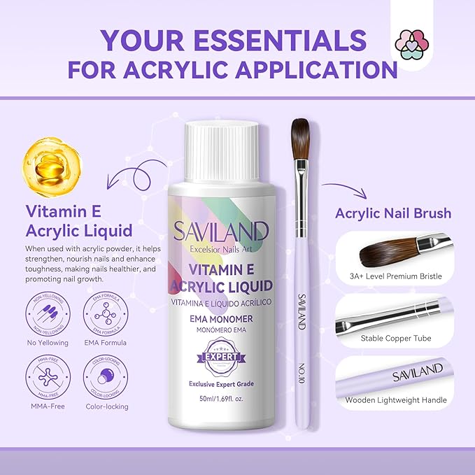 SAVILAND French Acrylic Nail Kit: Beginner Nail Kit Acrylic Set Easy to Use Acrylic Powder and Liquid Set with Half Cover Nail Tips Acrylic Nail Brushes Nail Tools for DIY French Manucure Kit