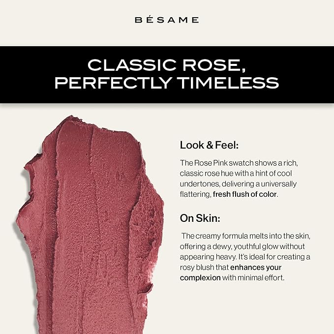 BESAME Rose Pink Cream Rouge - 1959, Highly Pigmented, Matte Finish, Multi-Use for Lips and Cheeks, Vintage-Inspired Reusable Tin, Long-Wearing, Sensitive Skin Friendly