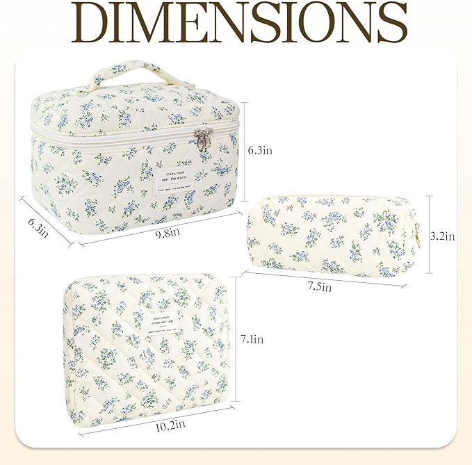 Makeup Bag, 3 PCS Quilted Makeup Bag, Cute Floral Cotton Cosmetic Bag set, Coquette Makeup Pouch Large Travel Toiletry Bag