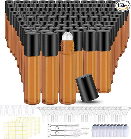 150 Pcs Essential Oil Roller Bottles 10 ml Leakproof Empty Glass Roll on Bottles with Stainless Steel Roller Balls with 20 Funnels 20 Droppers for Travel Perfume Essential Oil(Amber)