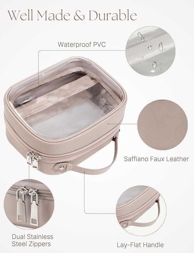 Clear Cosmetic Bag Double Layer 4 Compartments Travel Toiletry Bag Clear Makeup Bag Case with Zipper Transparent Travel Bag for Toiletries, TSA Approved, Gift for Women Girls (Stone)