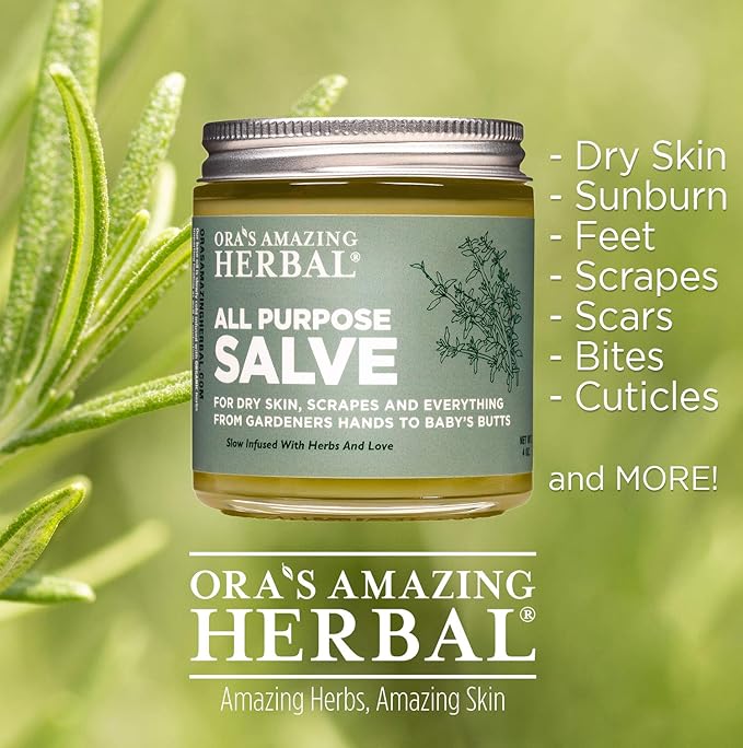Ora's Amazing Herbal All Purpose Salve, Herbal Healing Skin Balm with Tea Tree, Natural Cream for Dry Cracked Hands, Comfrey Calendula Plantain Thyme Beeswax, Soothing Itch Relief, 4 oz