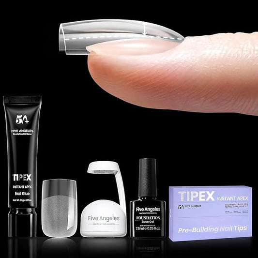 Tipex Gel Nail Tips Kit, Pre-etched Acrylic Hard Nail Tips Set for Beginners, Short Square Full Cover Press On Nails, Deep C Curve Flat Nails, 16 Sizes, UV Nail Glue, LED Lamp, Base Gel