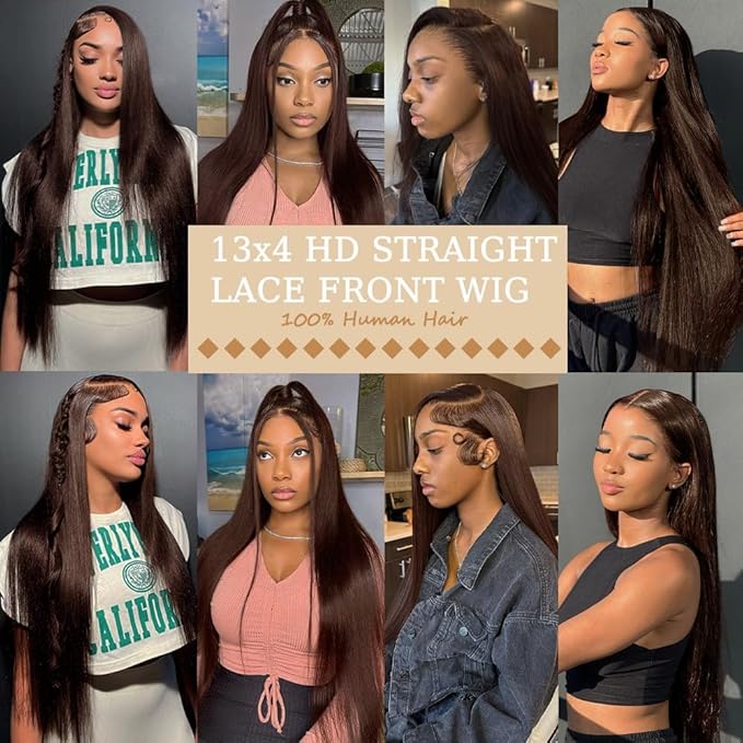 Azkiu 30Inch Brown Straight Human Hair Lace Front Wigs 13x4 HD Lace Frontal Closure Chocolate Human Hair Wig Pre Plucked with Baby Hair 180% Density Brazilian Virgin Human Hair Wigs for Women